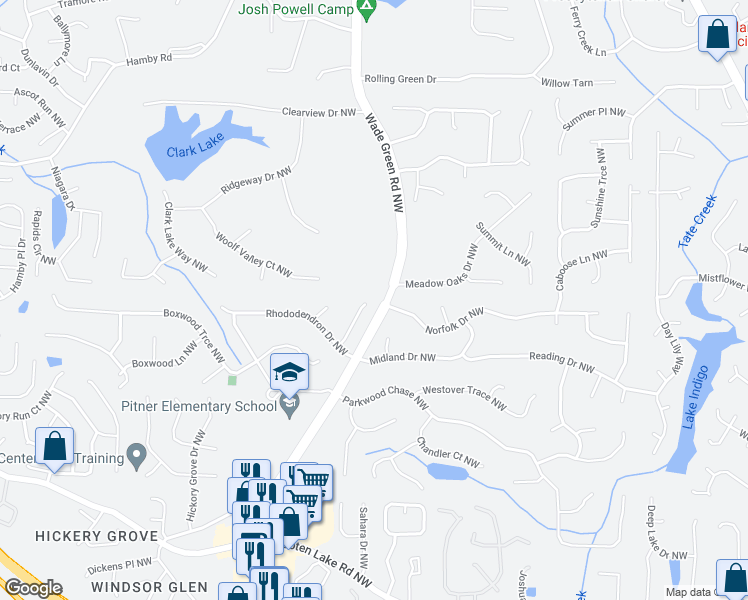 map of restaurants, bars, coffee shops, grocery stores, and more near 4800 Silverberry Lane Northwest in Acworth