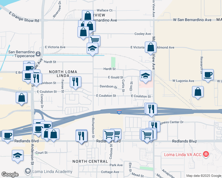 map of restaurants, bars, coffee shops, grocery stores, and more near 1749 Davidson Street in Loma Linda