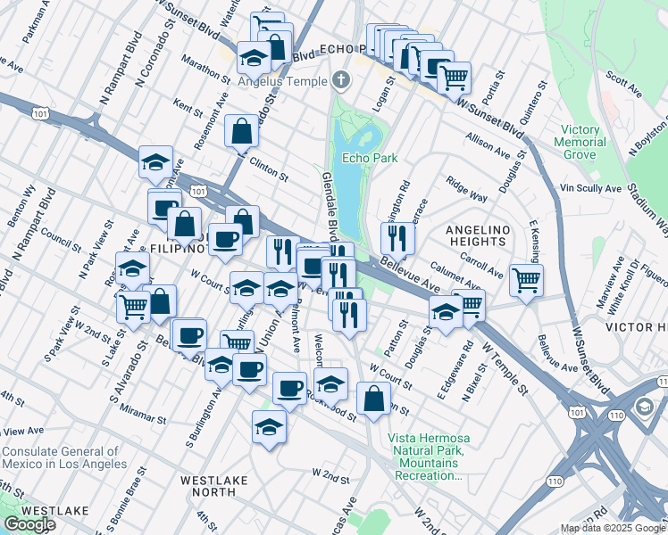 map of restaurants, bars, coffee shops, grocery stores, and more near 555 Glendale Boulevard in Los Angeles