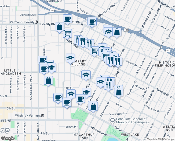 map of restaurants, bars, coffee shops, grocery stores, and more near 209 South Reno Street in Los Angeles