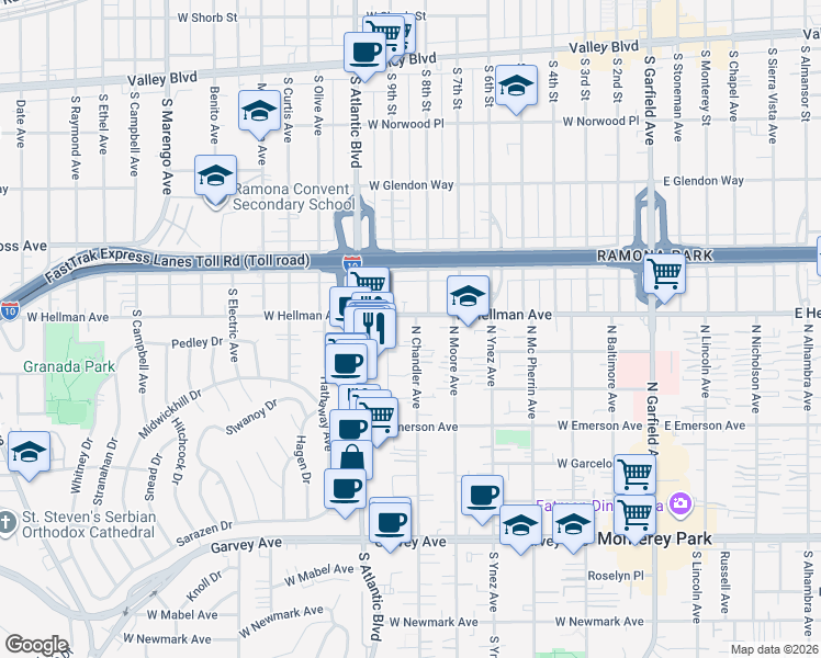 map of restaurants, bars, coffee shops, grocery stores, and more near 623 North Chandler Avenue in Monterey Park