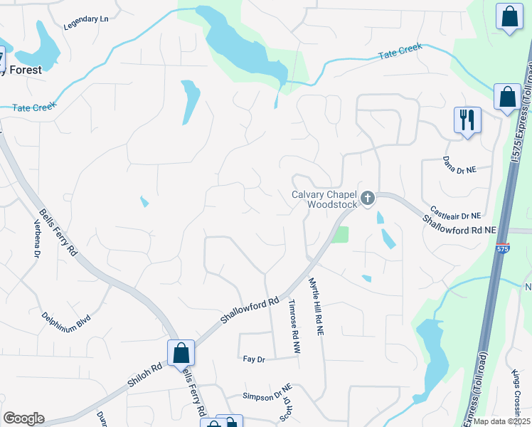 map of restaurants, bars, coffee shops, grocery stores, and more near 4853 Ridgewood Creek Drive Northwest in Acworth