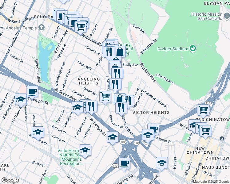 map of restaurants, bars, coffee shops, grocery stores, and more near 1234 West Sunset Boulevard in Los Angeles