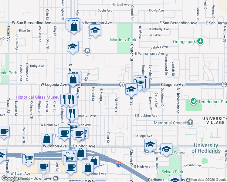 map of restaurants, bars, coffee shops, grocery stores, and more near 501 Courier Avenue in Redlands