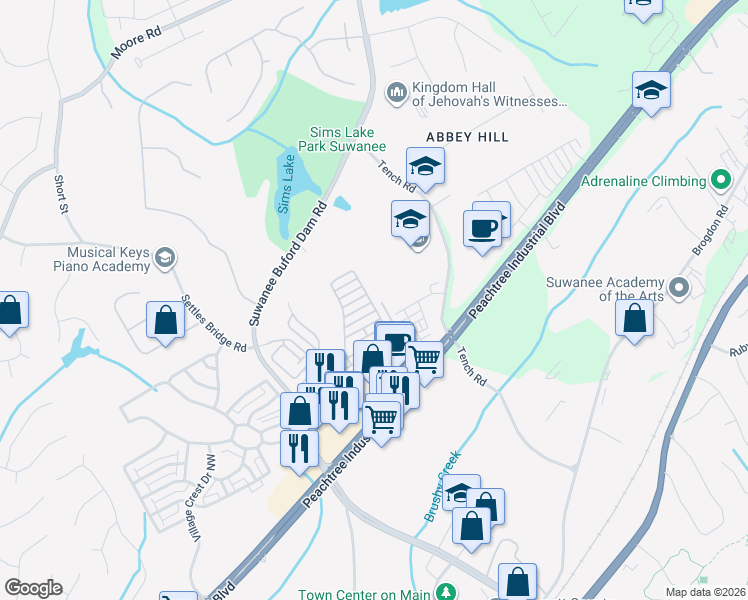 map of restaurants, bars, coffee shops, grocery stores, and more near 4120 Baverton Drive in Suwanee