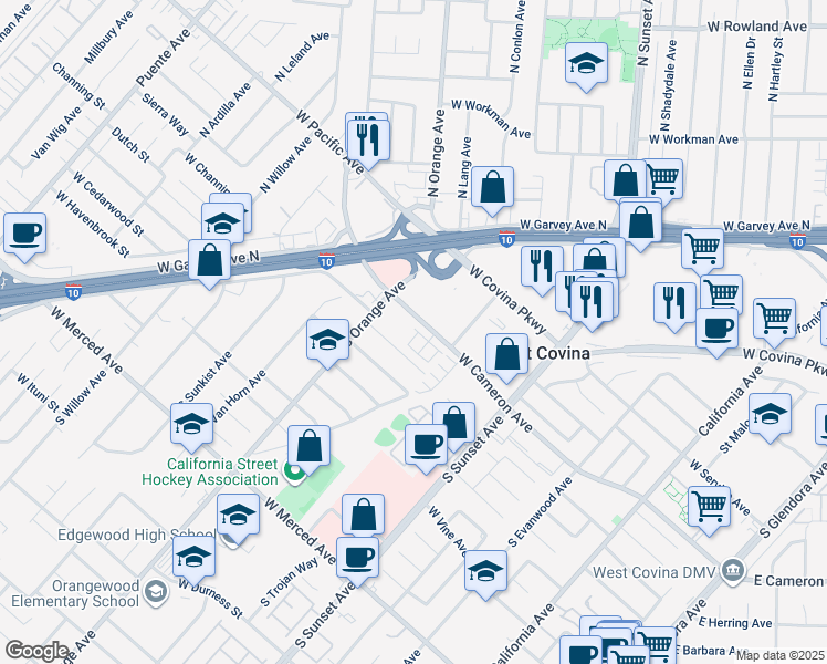 map of restaurants, bars, coffee shops, grocery stores, and more near 1736 Cayton Loop in West Covina