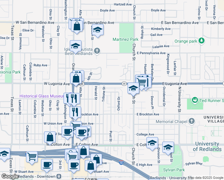 map of restaurants, bars, coffee shops, grocery stores, and more near 501 Courier Avenue in Redlands