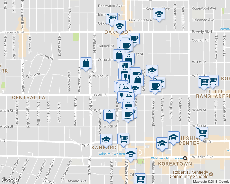 map of restaurants, bars, coffee shops, grocery stores, and more near 265 South Manhattan Place in Los Angeles