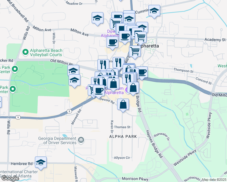 map of restaurants, bars, coffee shops, grocery stores, and more near 216 South Main Street in Alpharetta