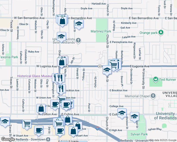 map of restaurants, bars, coffee shops, grocery stores, and more near 429 Courier Avenue in Redlands