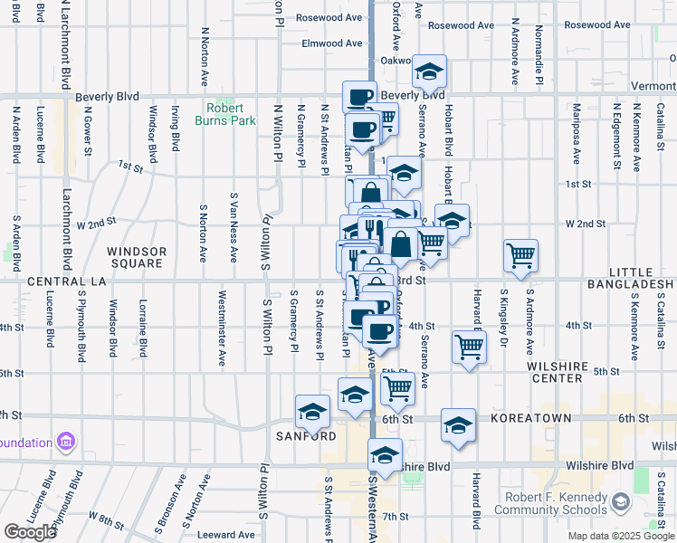 map of restaurants, bars, coffee shops, grocery stores, and more near 265 South Manhattan Place in Los Angeles