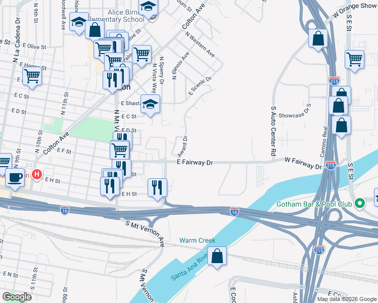map of restaurants, bars, coffee shops, grocery stores, and more near 1147 Bronze Star Court in Colton