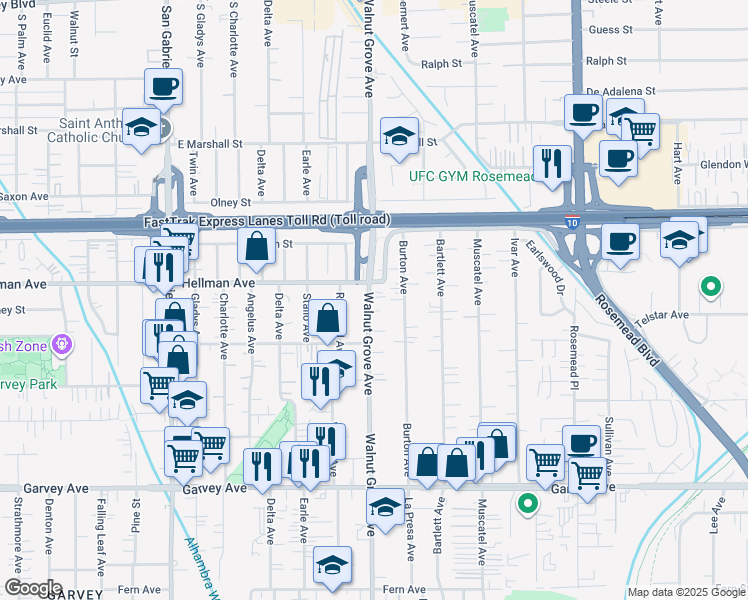 map of restaurants, bars, coffee shops, grocery stores, and more near 3354 Walnut Grove Avenue in Rosemead