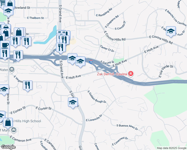 map of restaurants, bars, coffee shops, grocery stores, and more near 3630 East Holt Avenue in West Covina