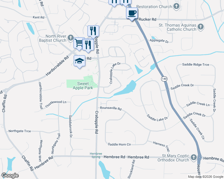 map of restaurants, bars, coffee shops, grocery stores, and more near 1090 Crabapple Lake Circle in Roswell