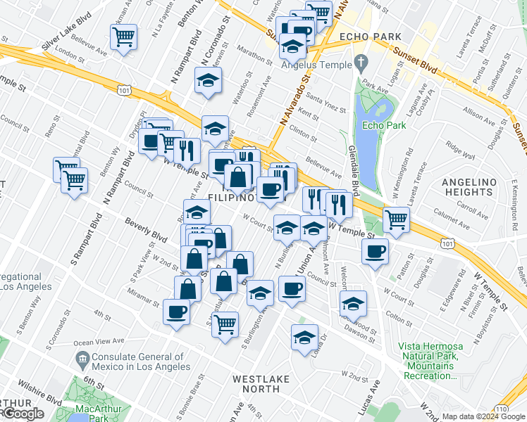 map of restaurants, bars, coffee shops, grocery stores, and more near 319 North Westlake Avenue in Los Angeles