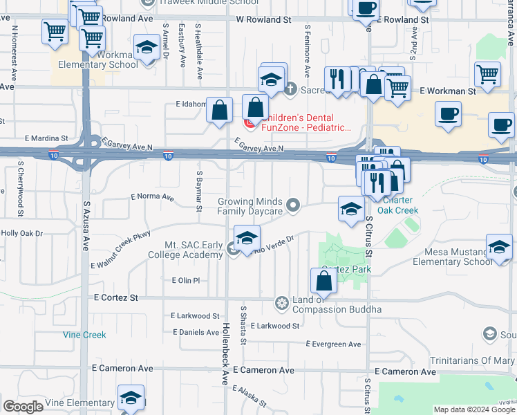 map of restaurants, bars, coffee shops, grocery stores, and more near 220 South Fircroft Street in West Covina