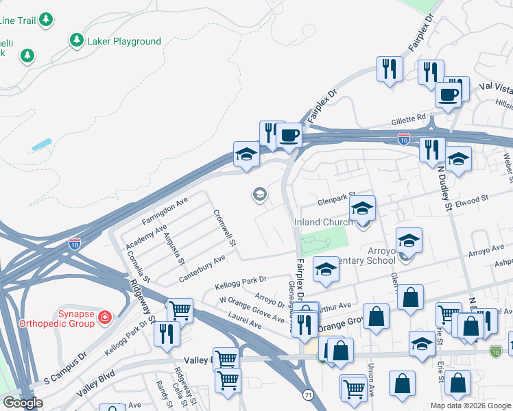 map of restaurants, bars, coffee shops, grocery stores, and more near 1151 Fairplex Drive in Pomona
