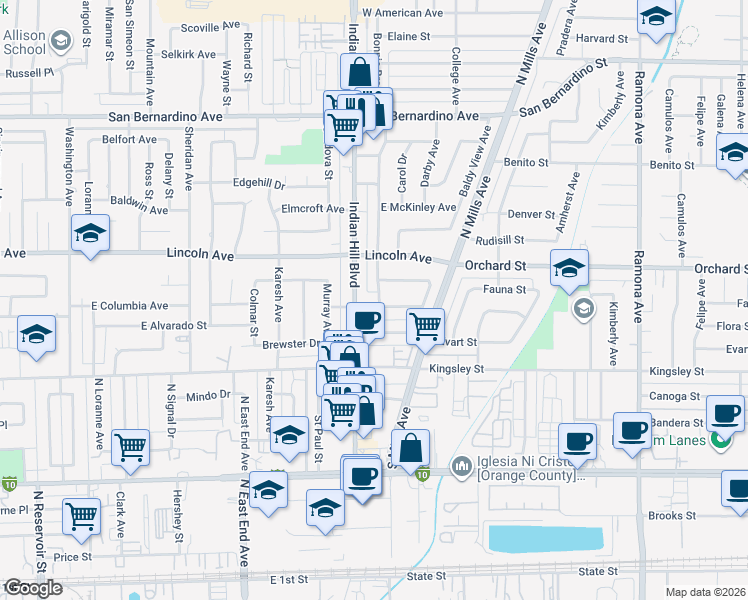 map of restaurants, bars, coffee shops, grocery stores, and more near 1025 Bonnie Brae Street in Pomona