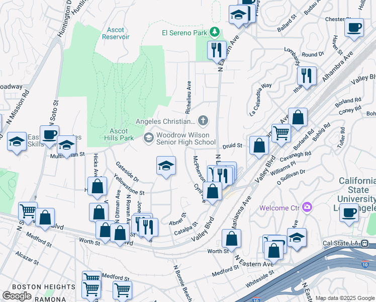 map of restaurants, bars, coffee shops, grocery stores, and more near 2174 Cyril Avenue in Los Angeles