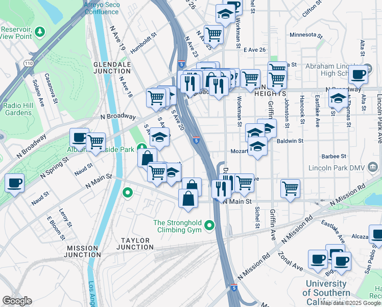 map of restaurants, bars, coffee shops, grocery stores, and more near 349 South Avenue 20 in Los Angeles