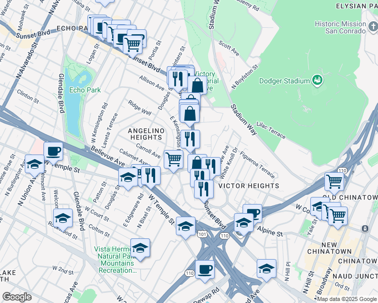 map of restaurants, bars, coffee shops, grocery stores, and more near 1234 West Sunset Boulevard in Los Angeles