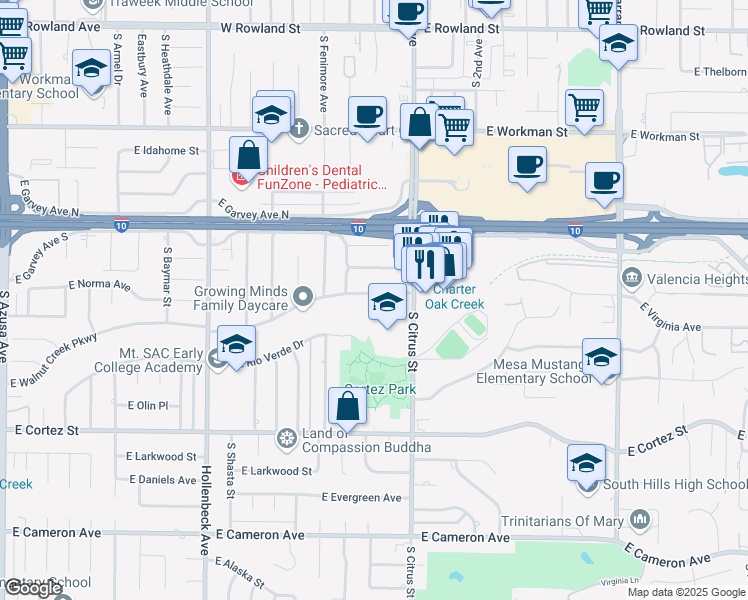 map of restaurants, bars, coffee shops, grocery stores, and more near 2516 East Walnut Creek Parkway in West Covina