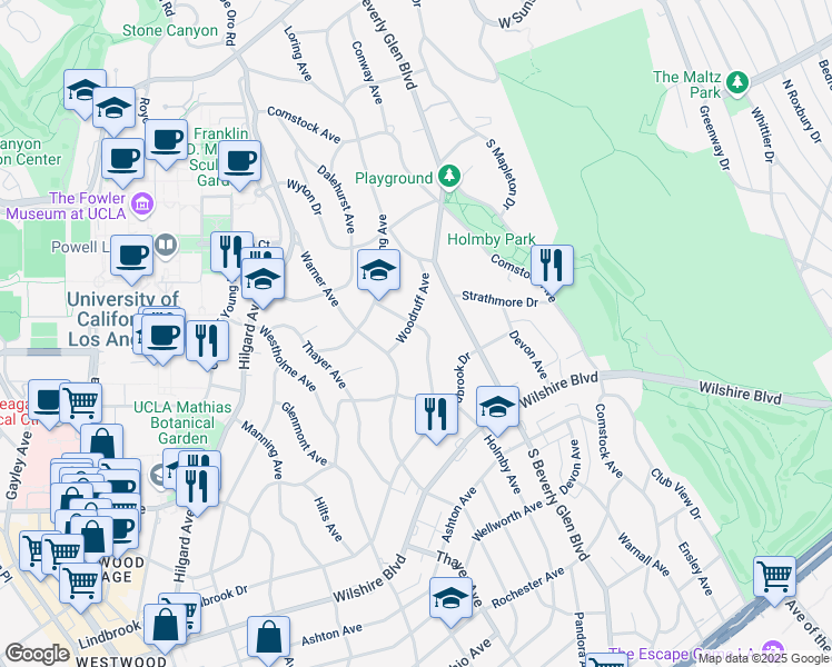 map of restaurants, bars, coffee shops, grocery stores, and more near 701 Holmby Avenue in Los Angeles