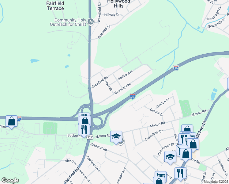 map of restaurants, bars, coffee shops, grocery stores, and more near 201 Bowling Avenue in Columbia