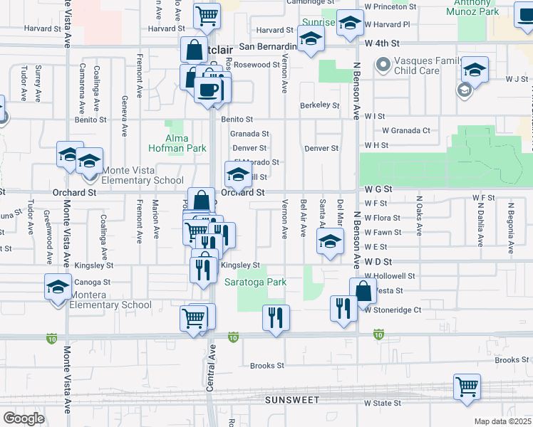 map of restaurants, bars, coffee shops, grocery stores, and more near 10160 Columbine Avenue in Montclair