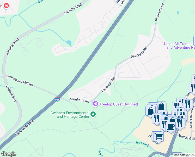 map of restaurants, bars, coffee shops, grocery stores, and more near 3595 Clarecastle Drive in Buford