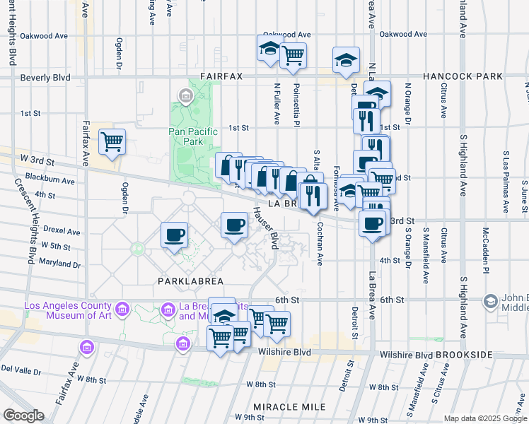 map of restaurants, bars, coffee shops, grocery stores, and more near 348 Hauser Boulevard in Los Angeles