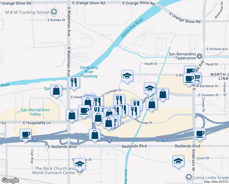 map of restaurants, bars, coffee shops, grocery stores, and more near 621 East Carnegie Drive in San Bernardino