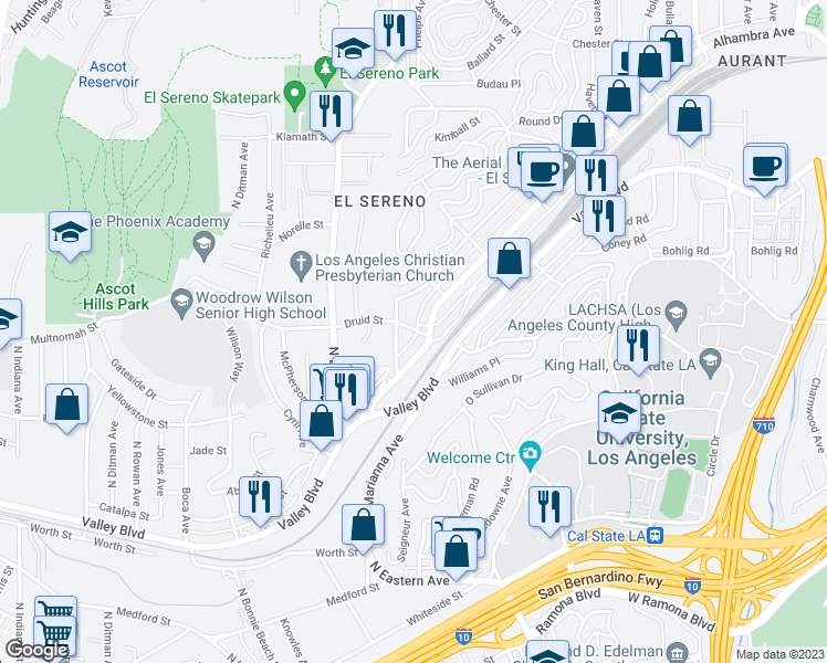 map of restaurants, bars, coffee shops, grocery stores, and more near 4918 Druid Street in Los Angeles