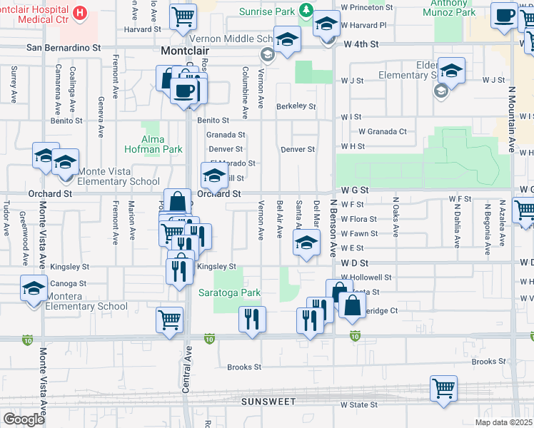 map of restaurants, bars, coffee shops, grocery stores, and more near 10151 Vernon Avenue in Montclair