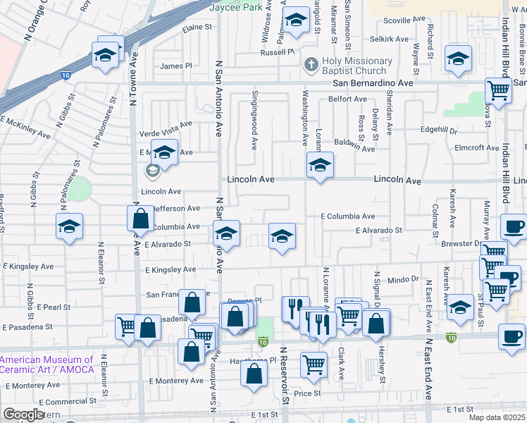map of restaurants, bars, coffee shops, grocery stores, and more near 905 Patrick Avenue in Pomona