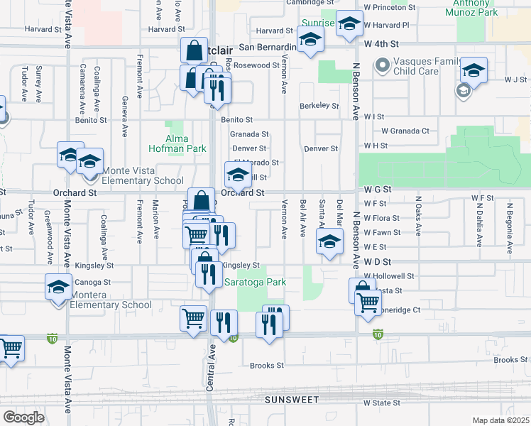 map of restaurants, bars, coffee shops, grocery stores, and more near 10160 Columbine Avenue in Montclair