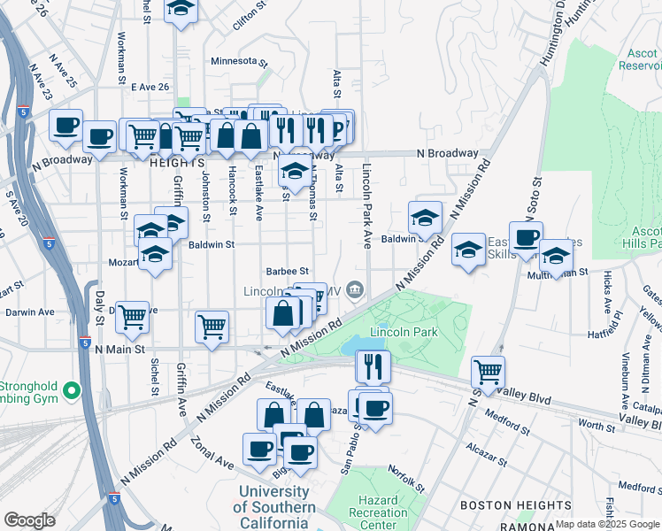 map of restaurants, bars, coffee shops, grocery stores, and more near 2101 Alta Street in Los Angeles