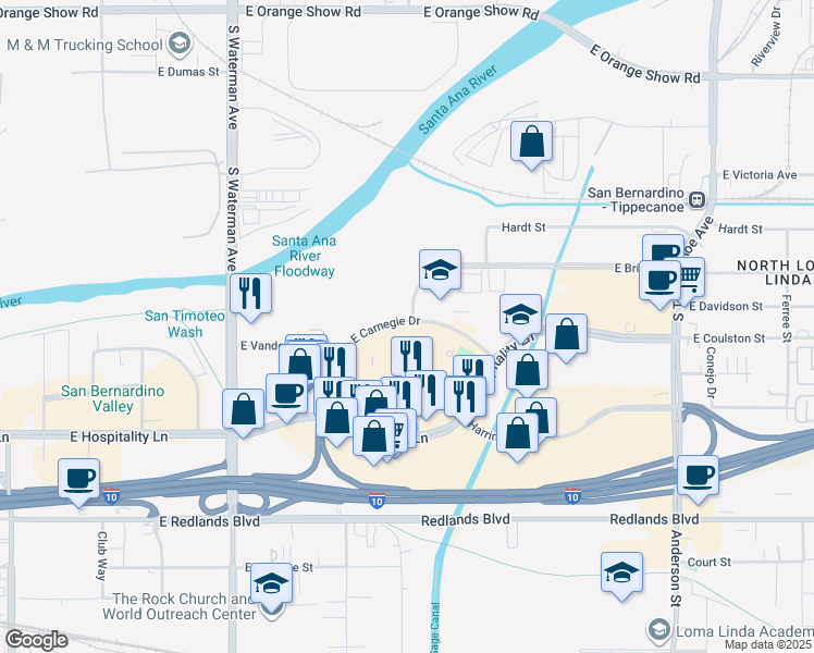 map of restaurants, bars, coffee shops, grocery stores, and more near 625 East Carnegie Drive in San Bernardino