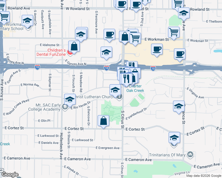 map of restaurants, bars, coffee shops, grocery stores, and more near 2516 East Walnut Creek Parkway in West Covina