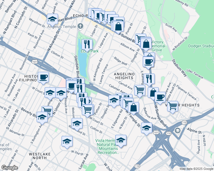 map of restaurants, bars, coffee shops, grocery stores, and more near 1446 Calumet Avenue in Los Angeles