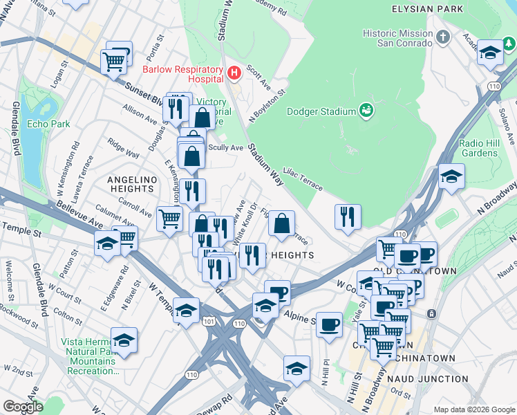 map of restaurants, bars, coffee shops, grocery stores, and more near 1059 Figueroa Terrace in Los Angeles