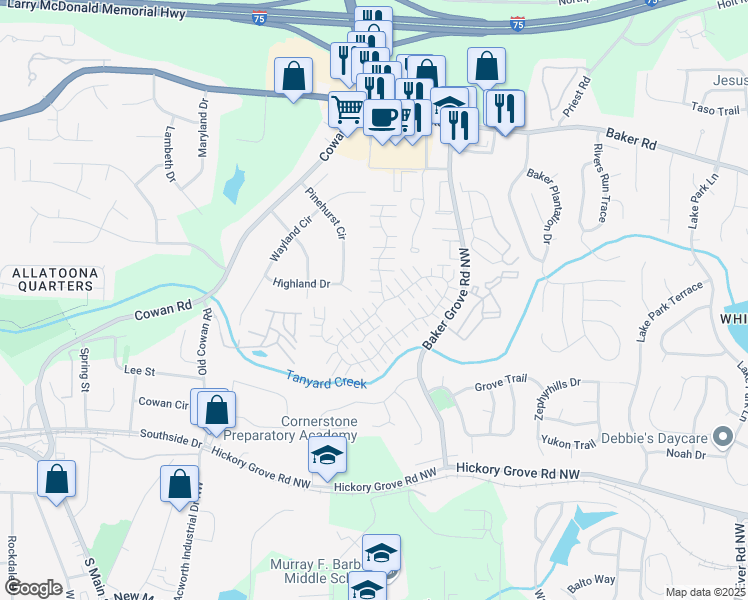 map of restaurants, bars, coffee shops, grocery stores, and more near 726 Windcroft Court Northwest in Acworth