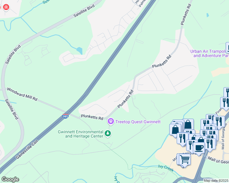 map of restaurants, bars, coffee shops, grocery stores, and more near 3565 Clarecastle Drive in Buford