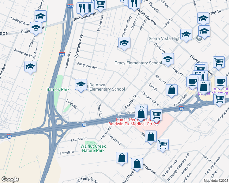 map of restaurants, bars, coffee shops, grocery stores, and more near 3160 Athol Street in Baldwin Park