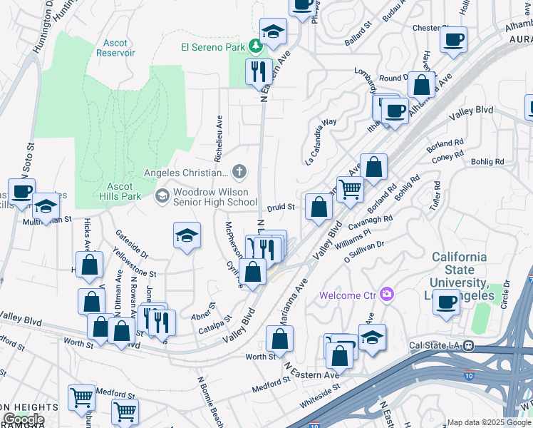 map of restaurants, bars, coffee shops, grocery stores, and more near 2150 North Eastern Avenue in Los Angeles