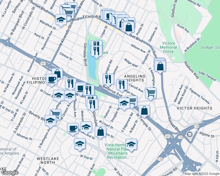 map of restaurants, bars, coffee shops, grocery stores, and more near 604 Laveta Terrace in Los Angeles