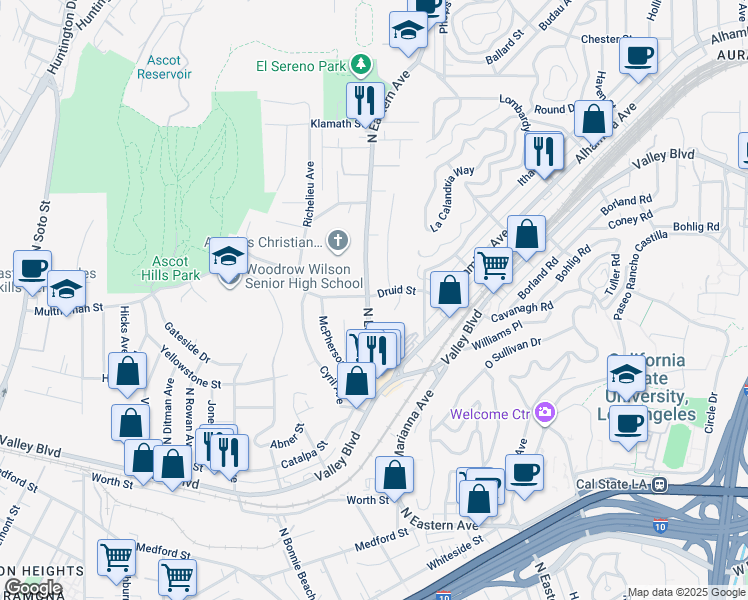 map of restaurants, bars, coffee shops, grocery stores, and more near 2150 North Eastern Avenue in Los Angeles