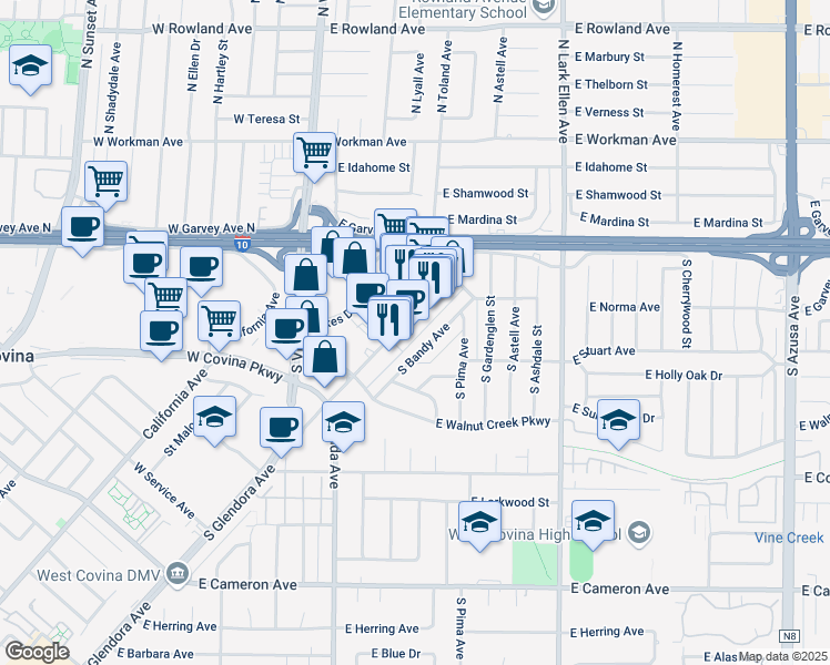 map of restaurants, bars, coffee shops, grocery stores, and more near 232 South Glendora Avenue in West Covina