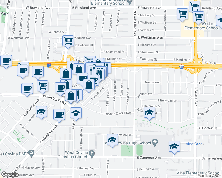 map of restaurants, bars, coffee shops, grocery stores, and more near 226 South Pima Avenue in West Covina